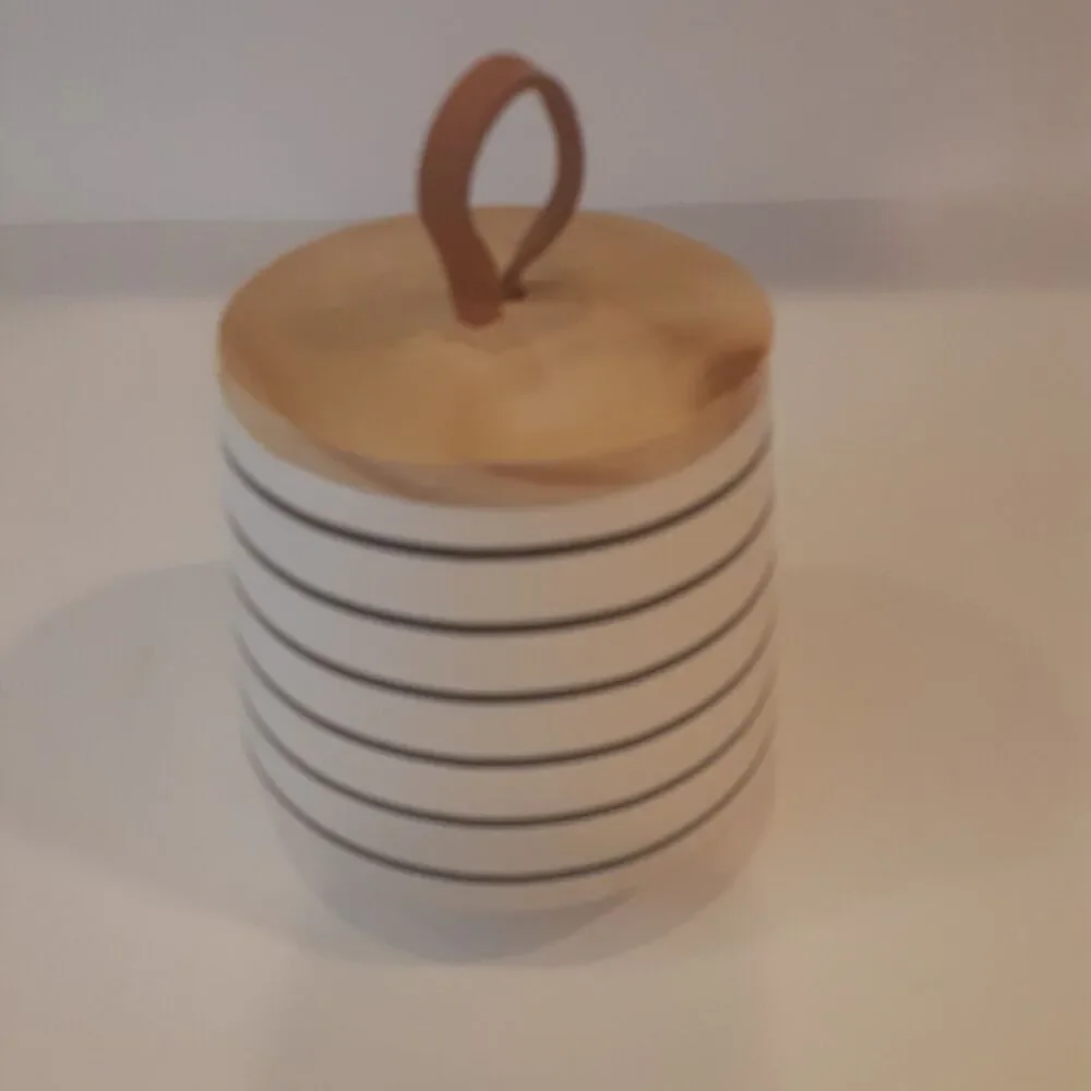 Earthenware Striped Jar W/Wood & Leather Pull Top Modern Minimalist